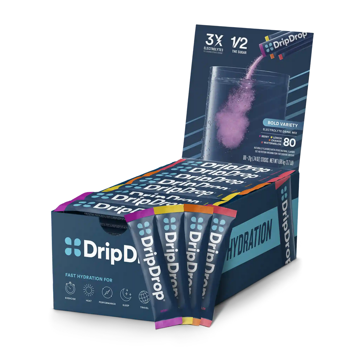 DripDrop Original Electrolyte Powder, Bold Variety Pack, 16 oz sticks, 80 Pack