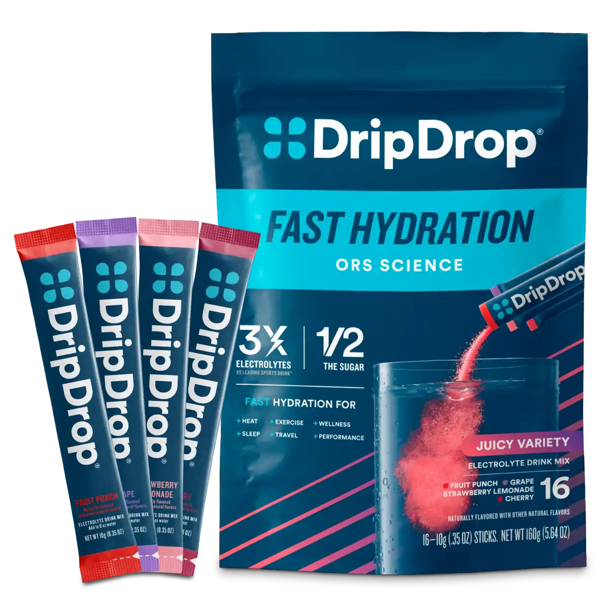 DripDrop Original Electrolyte Powder, Juicy Variety Pack, 8 oz sticks, 16 Pack