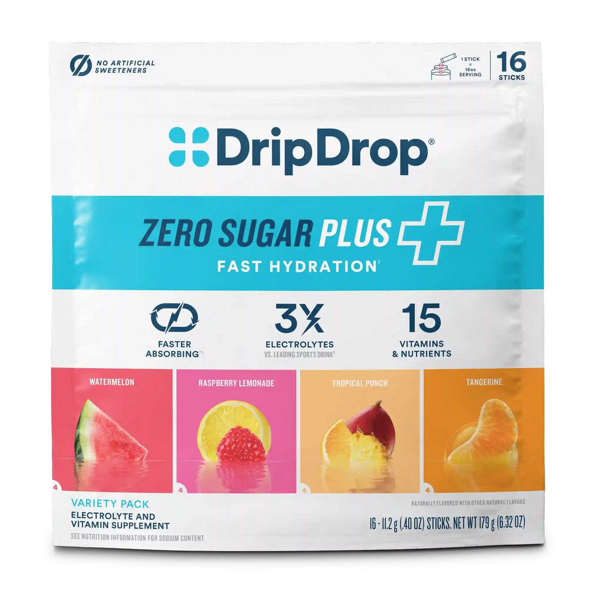 DripDrop Zero Sugar Plus Electrolyte Powder, Paradise Variety Pack, 16 oz sticks, 16 Pack