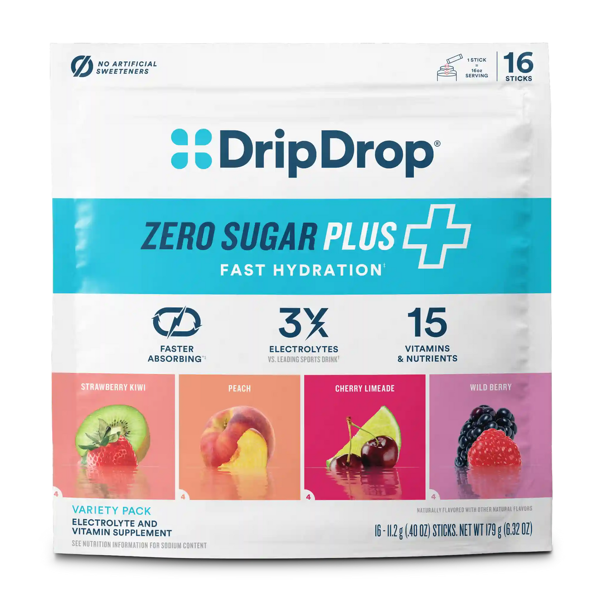 DripDrop Zero Sugar Plus Electrolyte Powder, Fresh Variety Pack, 16 oz sticks, 16 Pack