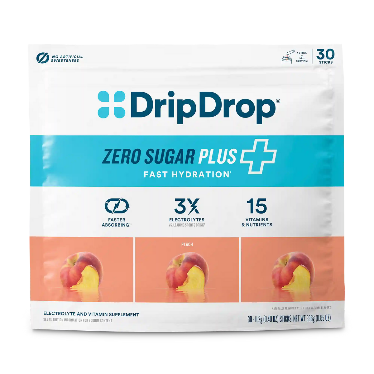 DripDrop Zero Sugar Plus Electrolyte Powder, Peach, 16 oz sticks, 30 Pack