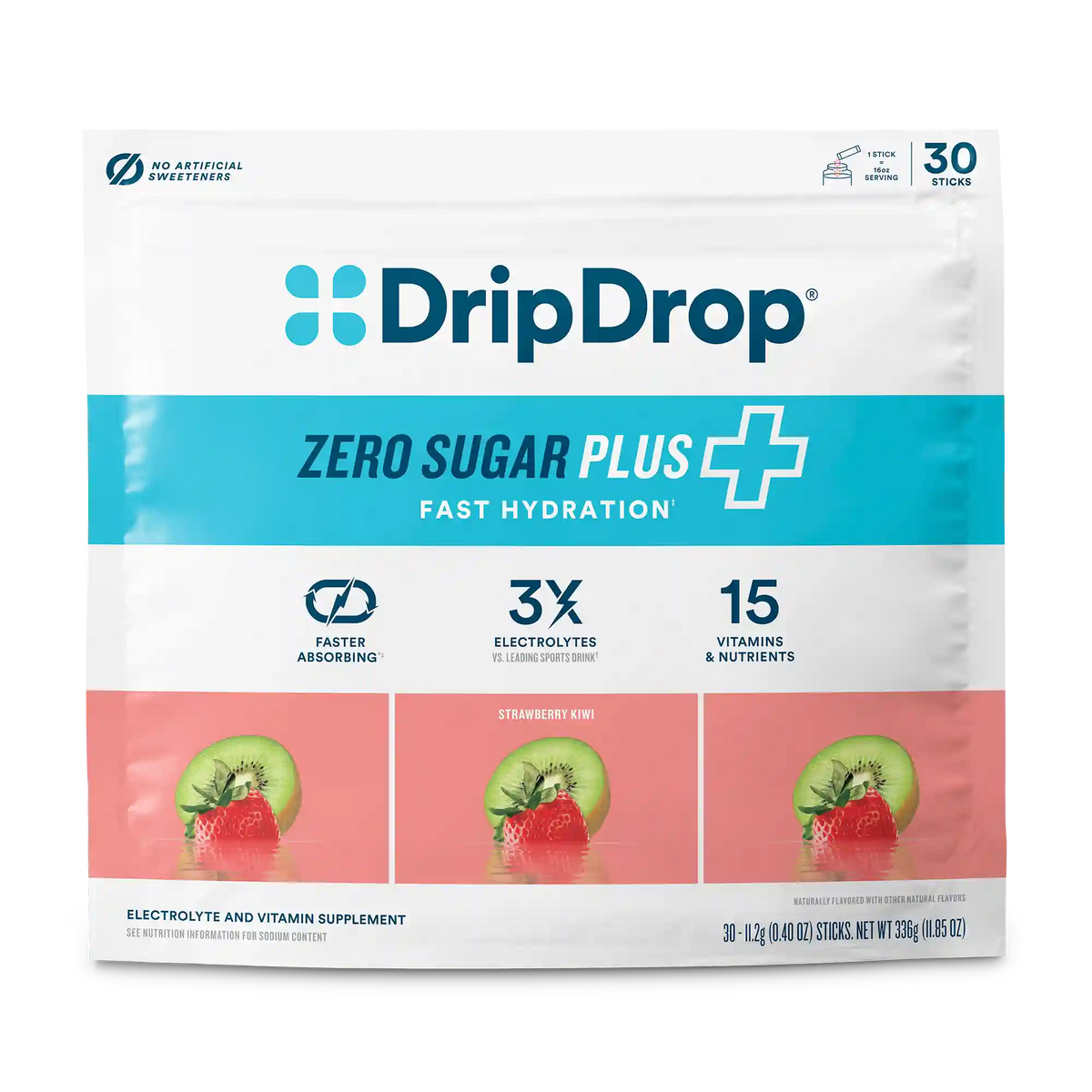 DripDrop Zero Sugar Plus Electrolyte Powder, Strawberry Kiwi, 16 oz sticks, 30 Pack