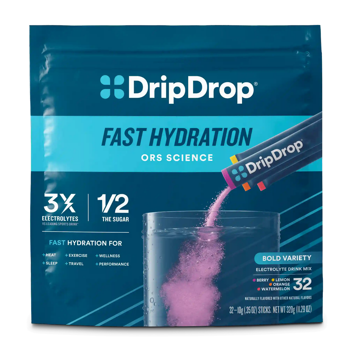 DripDrop Original Electrolyte Powder, Bold Variety Pack, 8 oz sticks, 32 Pack