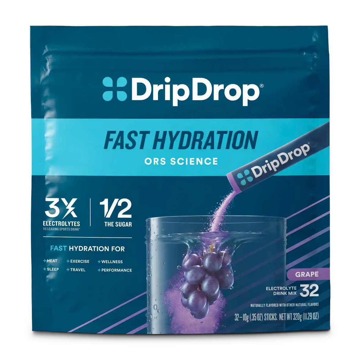 DripDrop Original Electrolyte Powder, Grape, 8 oz sticks, 32 Pack