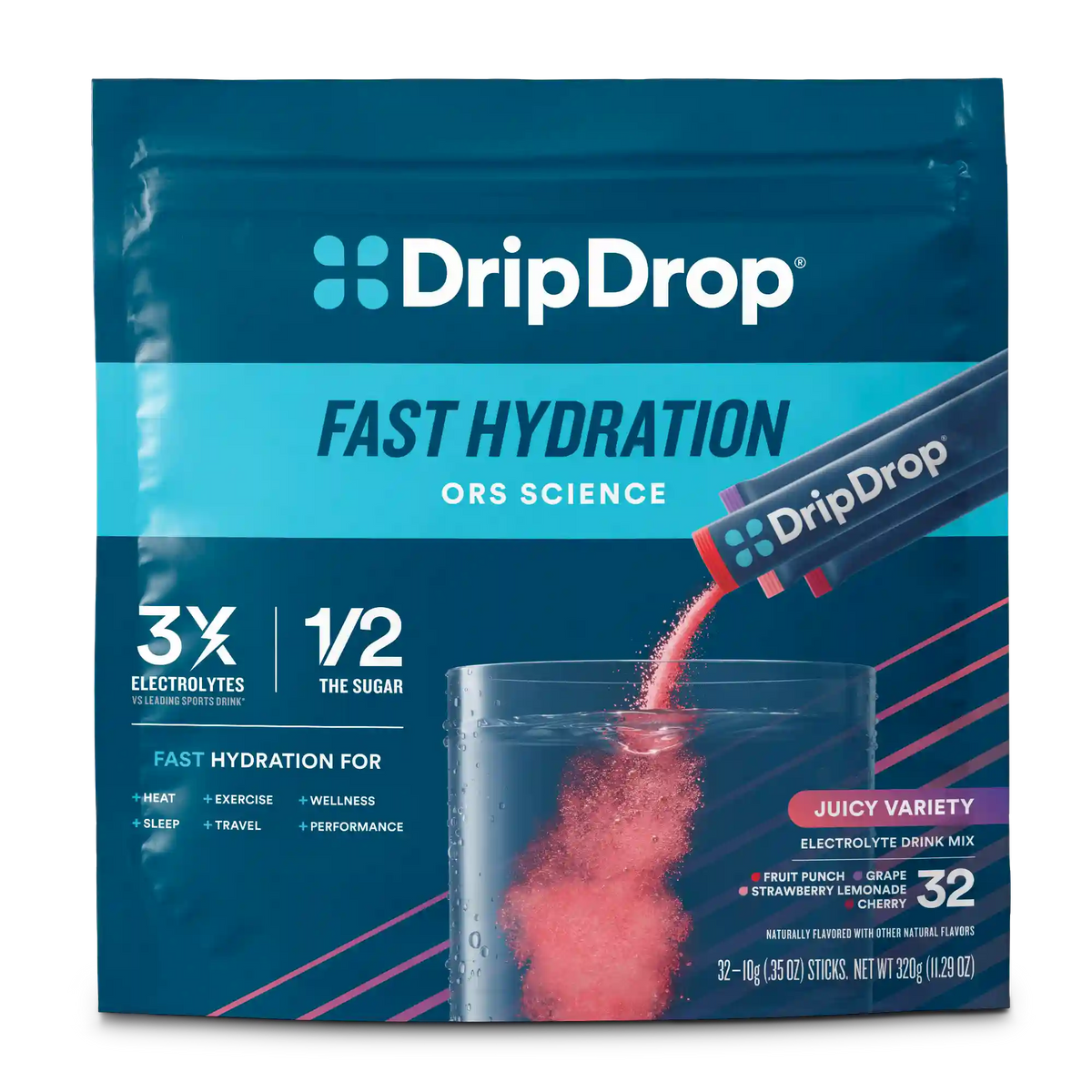 DripDrop Original Electrolyte Powder, Juicy Variety Pack, 8 oz sticks, 32 Pack