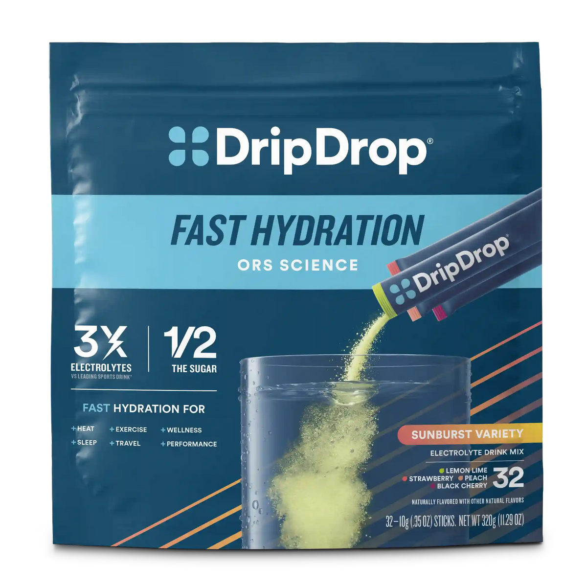 DripDrop Original Electrolyte Powder, Sunburst Variety Pack, 8 oz sticks, 32 Pack