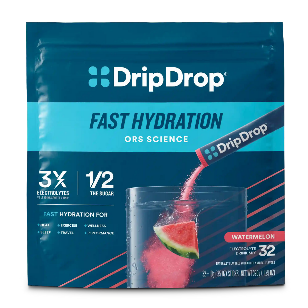 DripDrop Original Electrolyte Powder, Watermelon. 8 oz sticks, 32 Pack