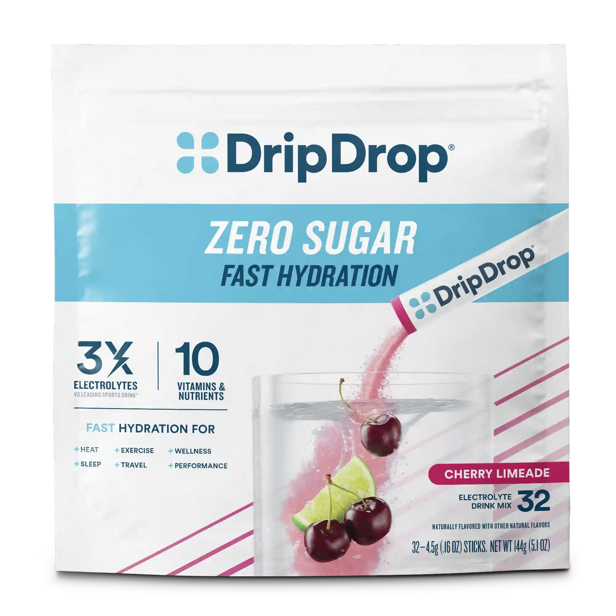 DripDrop Zero Sugar Electrolyte Powder, Cherry Limeade, 8 oz sticks, 32 Pack