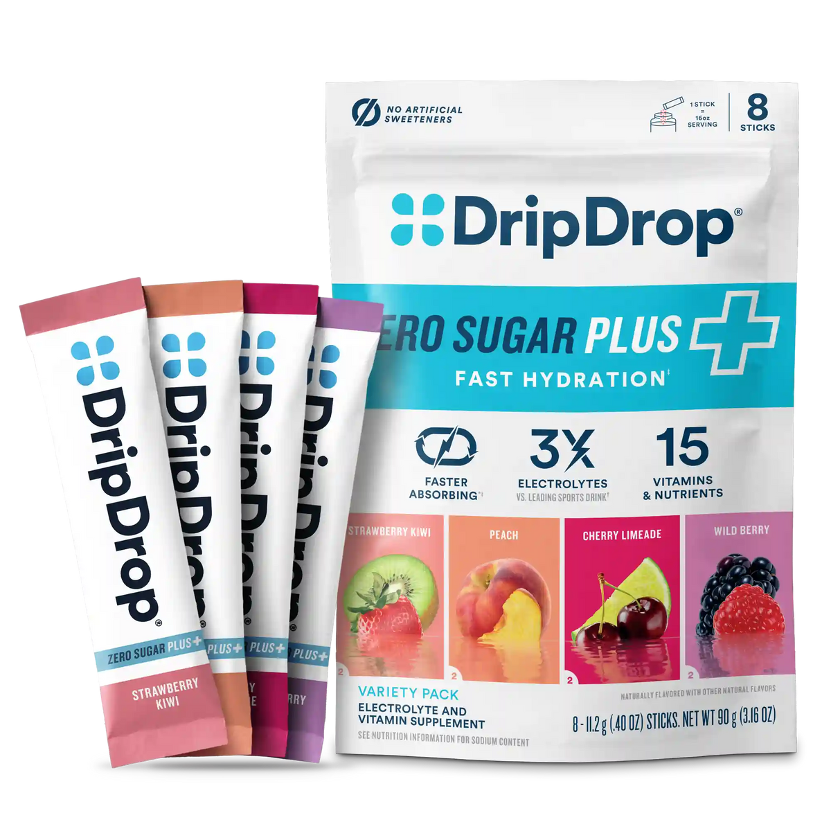 DripDrop Zero Sugar Plus, Fresh Variety Pack, 16 oz sticks, 8 Pack